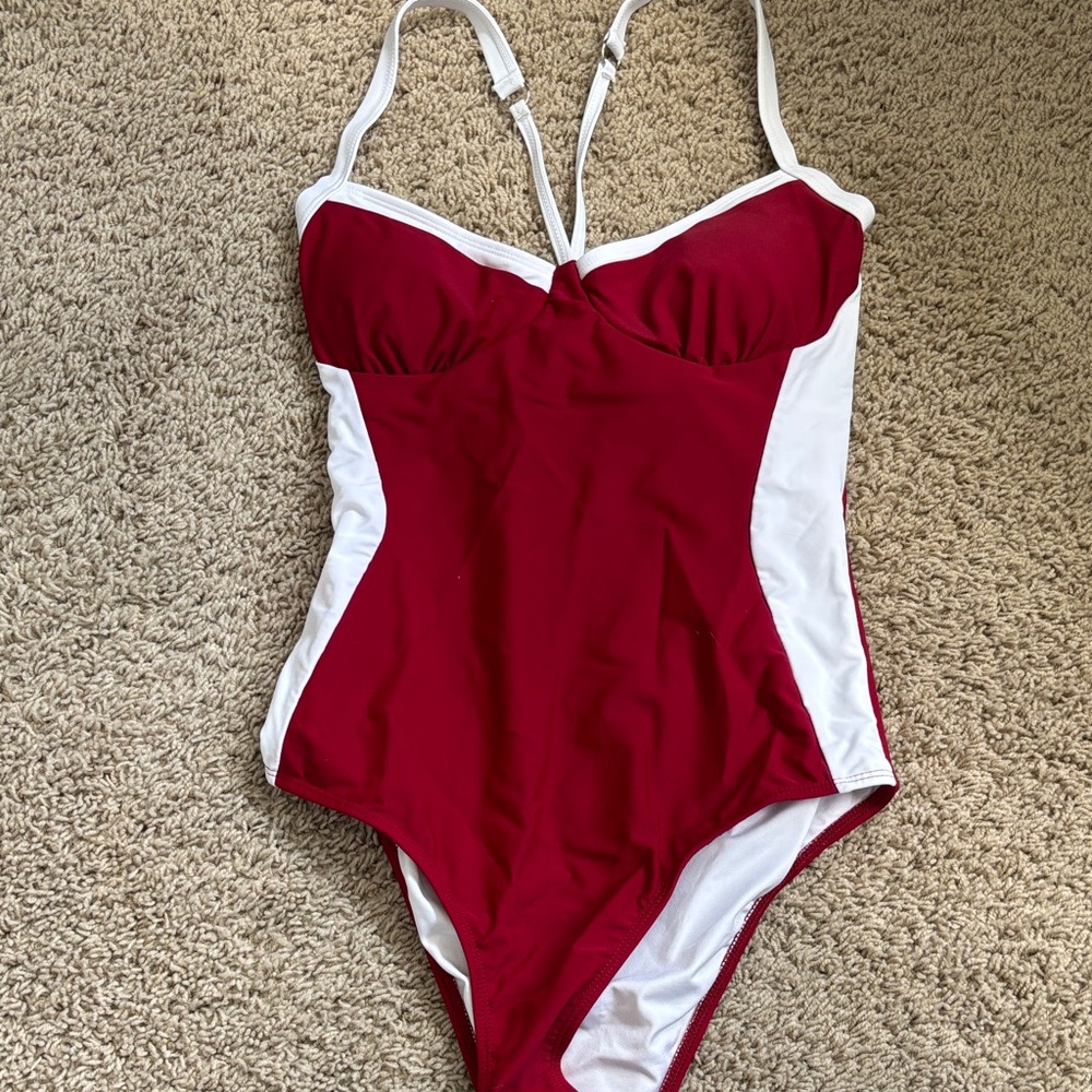 Red and White One-Piece Swim Suit with Contrast Side Panels